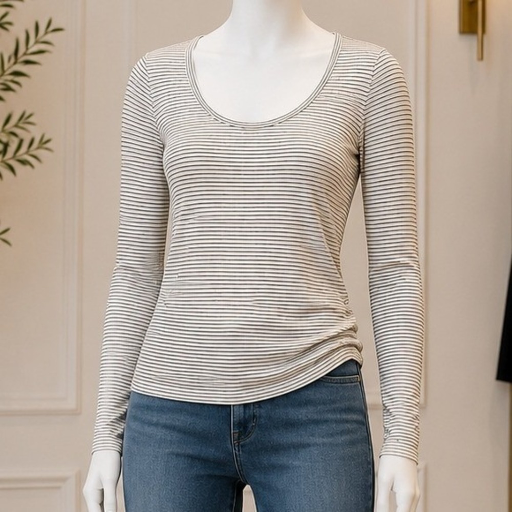 Whetherly Womens Long Sleeve Top Striped Scoop Neck Viscose White Black XS